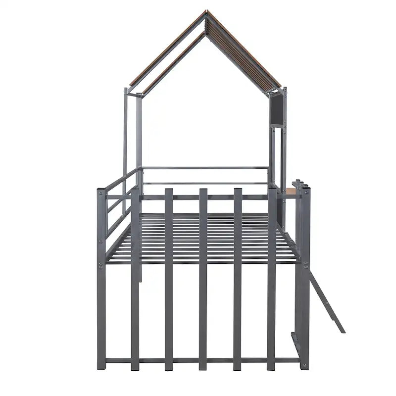 Cama alta de metal doble plateada con techo, ventana, barandillas y escalera | 136 kg