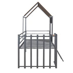 Cama alta de metal doble plateada con techo, ventana, barandillas y escalera | 136 kg