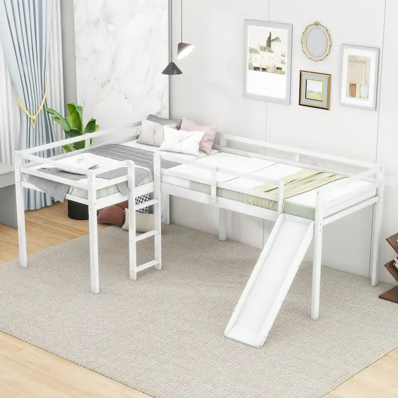 Cama alta de metal tamaño completo con escritorio, estantes, listones sin ruido y barandilla de textileno