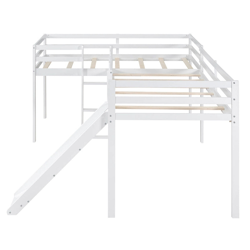 Cama alta de metal tamaño completo con escritorio, estantes, listones sin ruido y barandilla de textileno