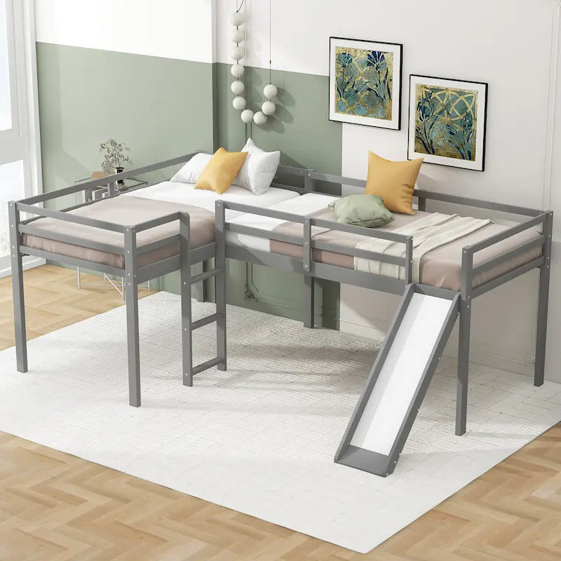 Cama alta de metal tamaño completo con escritorio, estantes, listones sin ruido y barandilla de textileno