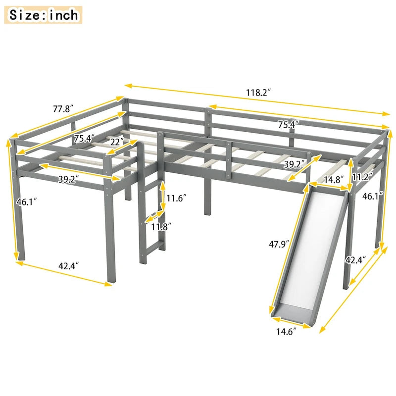 Cama alta de metal tamaño completo con escritorio, estantes, listones sin ruido y barandilla de textileno