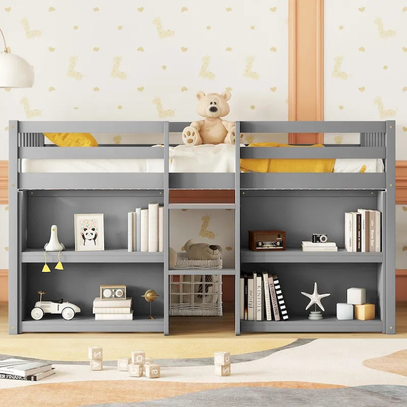 Cama Alta Baja de Madera Gris Tamaño Twin con Estantes y Luz LED | Dormitorio Infantil