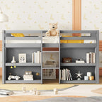 Cama Alta Baja de Madera Gris Tamaño Twin con Estantes y Luz LED | Dormitorio Infantil
