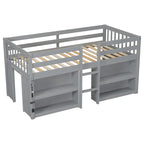 Cama Alta Baja de Madera Gris Tamaño Twin con Estantes y Luz LED | Dormitorio Infantil
