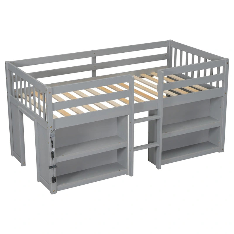 Cama Alta Baja de Madera Gris Tamaño Twin con Estantes y Luz LED | Dormitorio Infantil