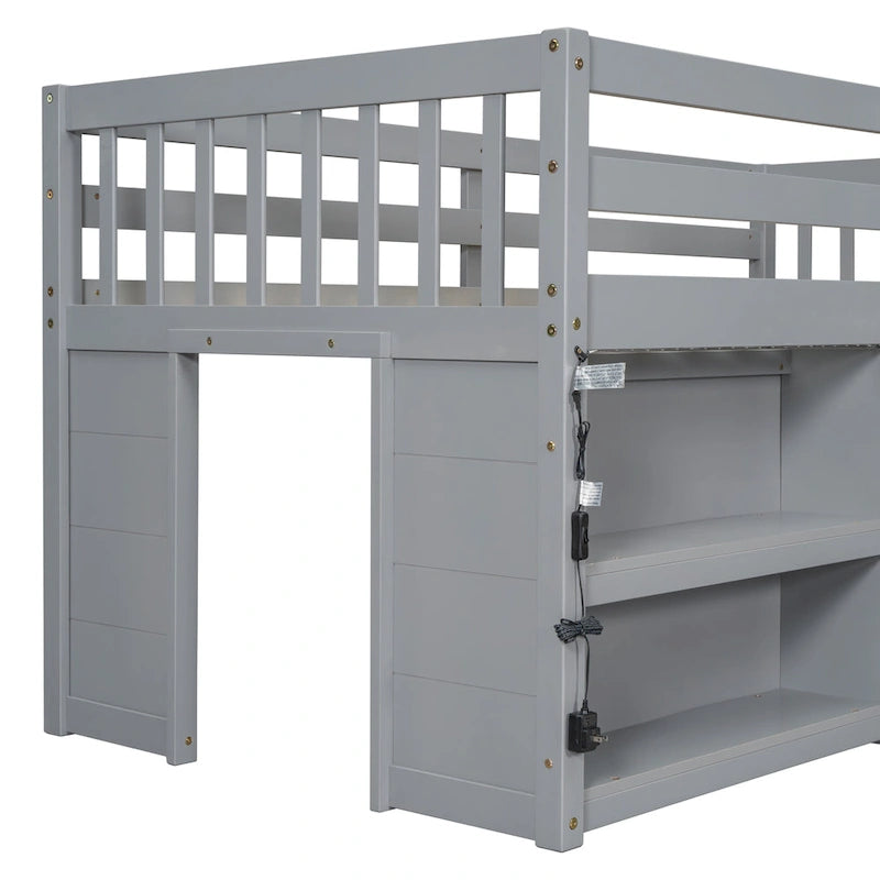 Cama Alta Baja de Madera Gris Tamaño Twin con Estantes y Luz LED | Dormitorio Infantil