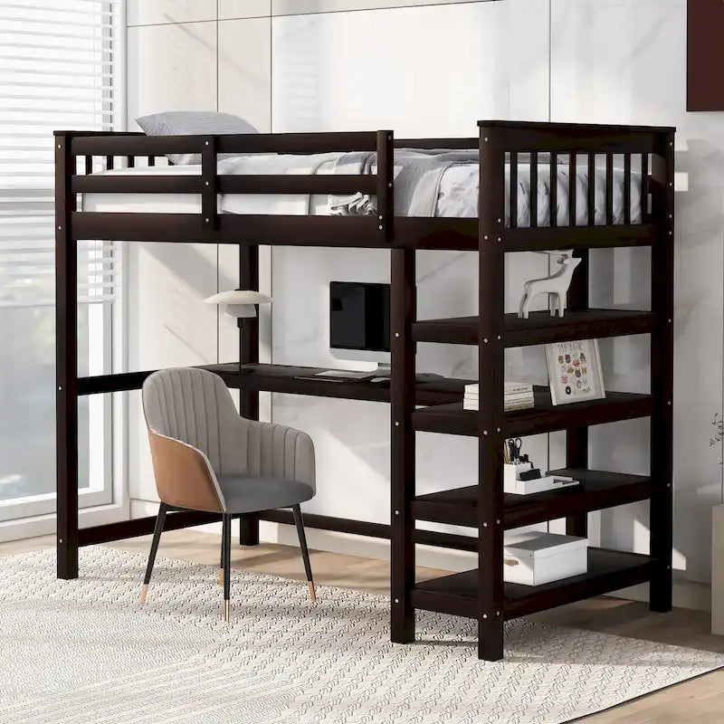 Cama alta individual de madera maciza con escritorio y estantes integrados | Acabado de madera natural