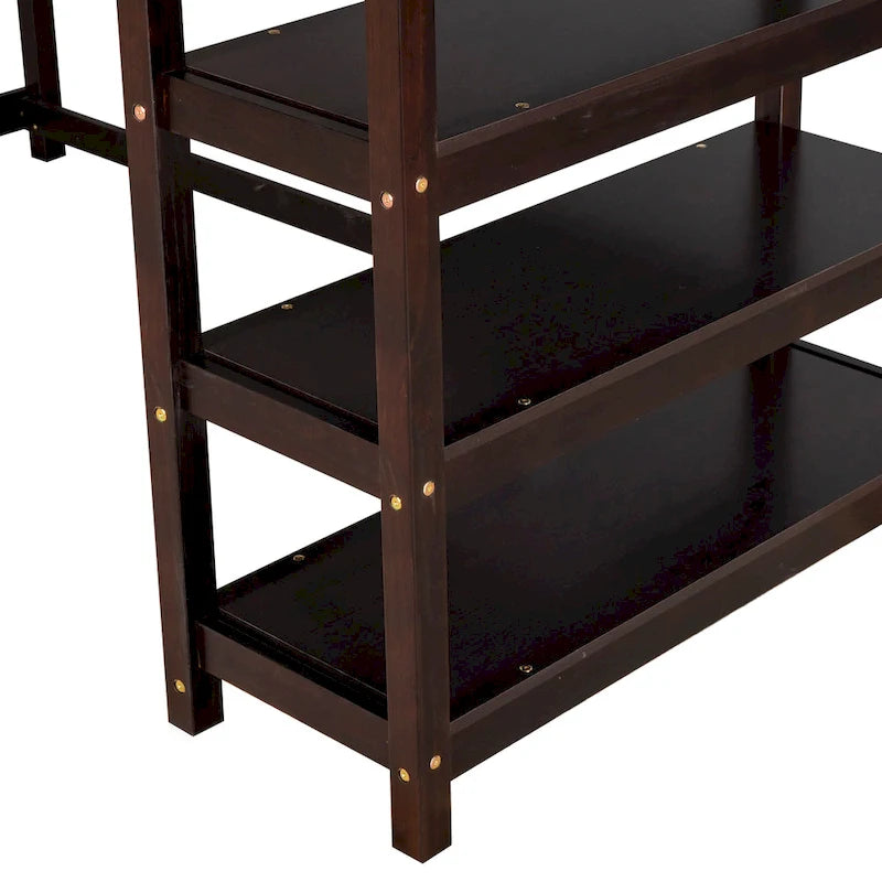 Cama alta individual de madera maciza con escritorio y estantes integrados | Acabado de madera natural