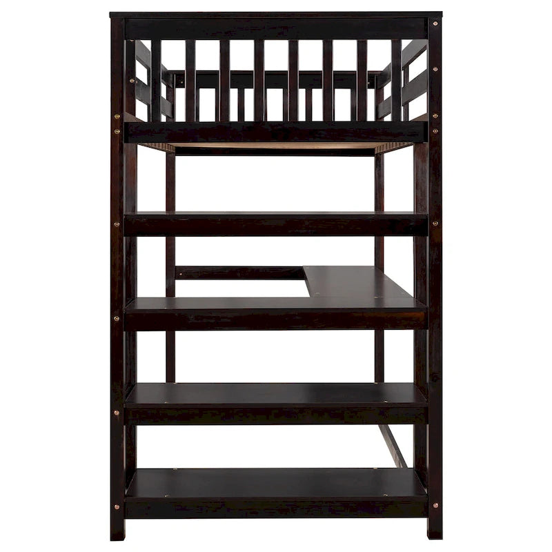 Cama alta individual de madera maciza con escritorio y estantes integrados | Acabado de madera natural