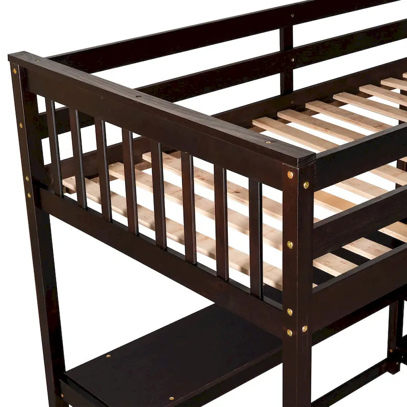 Cama alta individual de madera maciza con escritorio y estantes integrados | Acabado de madera natural