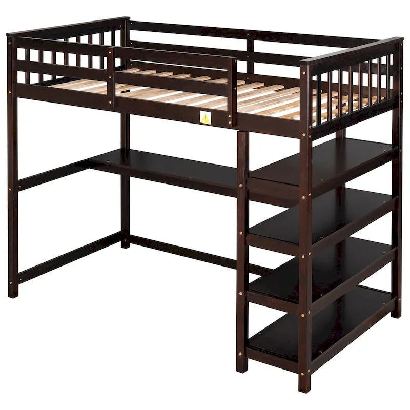 Cama alta individual de madera maciza con escritorio y estantes integrados | Acabado de madera natural