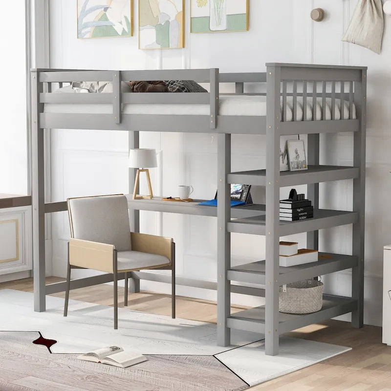 Cama alta individual de madera maciza con escritorio y estantes integrados | Acabado de madera natural