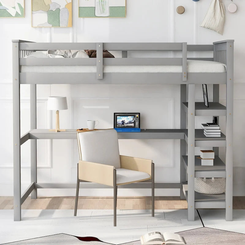 Cama alta individual de madera maciza con escritorio y estantes integrados | Acabado de madera natural