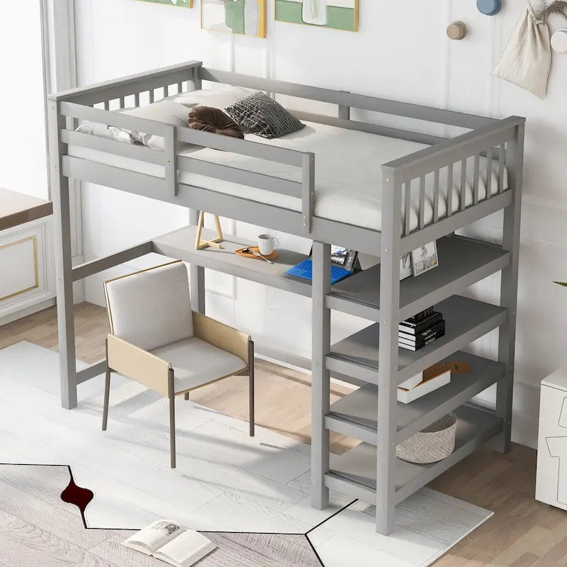 Cama alta individual de madera maciza con escritorio y estantes integrados | Acabado de madera natural