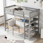 Cama alta individual de madera maciza con escritorio y estantes integrados | Acabado de madera natural