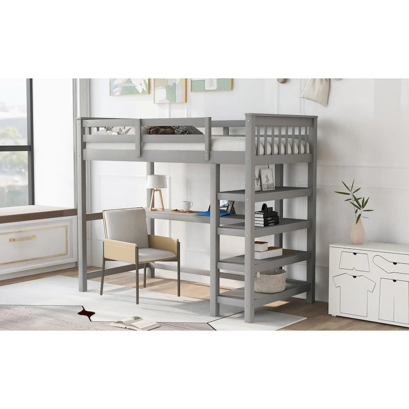 Cama alta individual de madera maciza con escritorio y estantes integrados | Acabado de madera natural