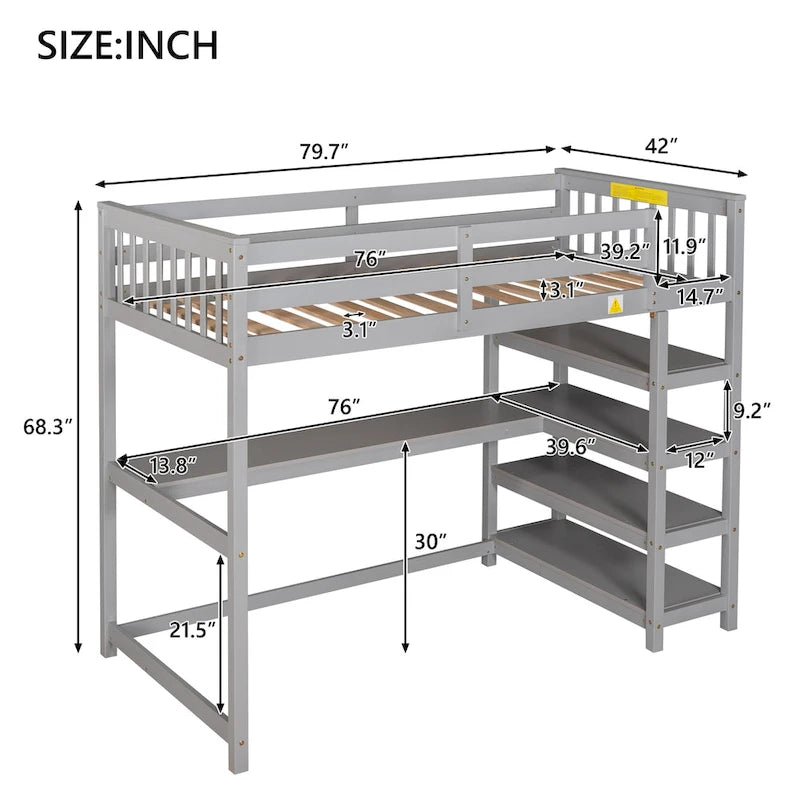 Cama alta individual de madera maciza con escritorio y estantes integrados | Acabado de madera natural