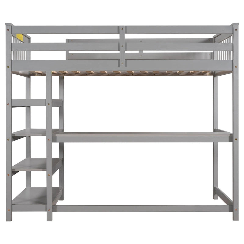 Cama alta individual de madera maciza con escritorio y estantes integrados | Acabado de madera natural