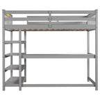 Cama alta individual de madera maciza con escritorio y estantes integrados | Acabado de madera natural