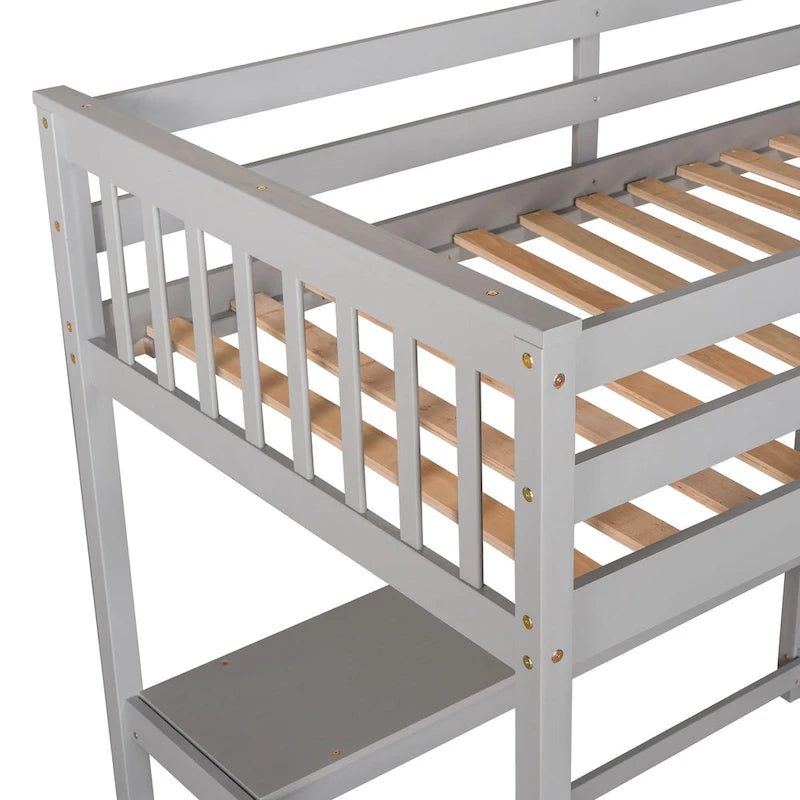 Cama alta individual de madera maciza con escritorio y estantes integrados | Acabado de madera natural