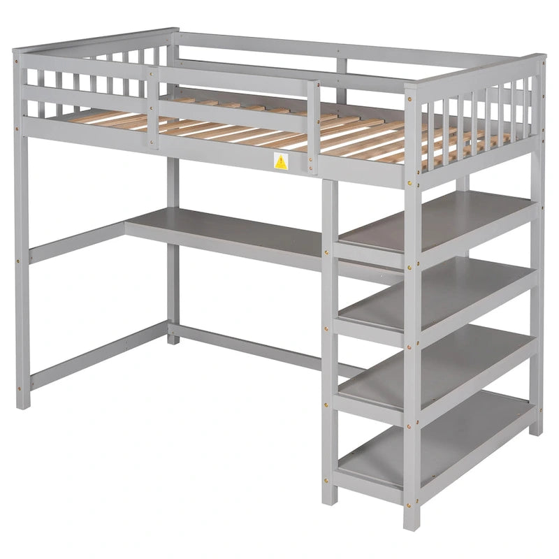 Cama alta individual de madera maciza con escritorio y estantes integrados | Acabado de madera natural