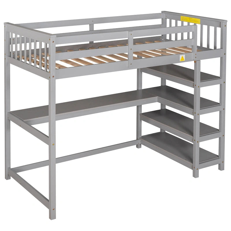 Cama alta individual de madera maciza con escritorio y estantes integrados | Acabado de madera natural