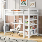 Cama alta individual de madera maciza con escritorio y estantes integrados | Acabado de madera natural