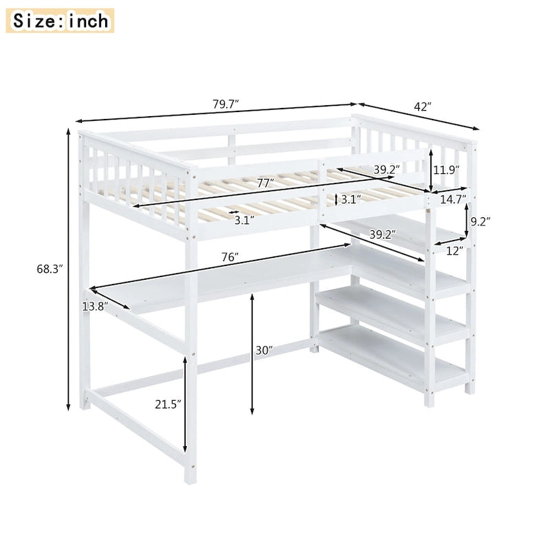 Cama alta individual de madera maciza con escritorio y estantes integrados | Acabado de madera natural