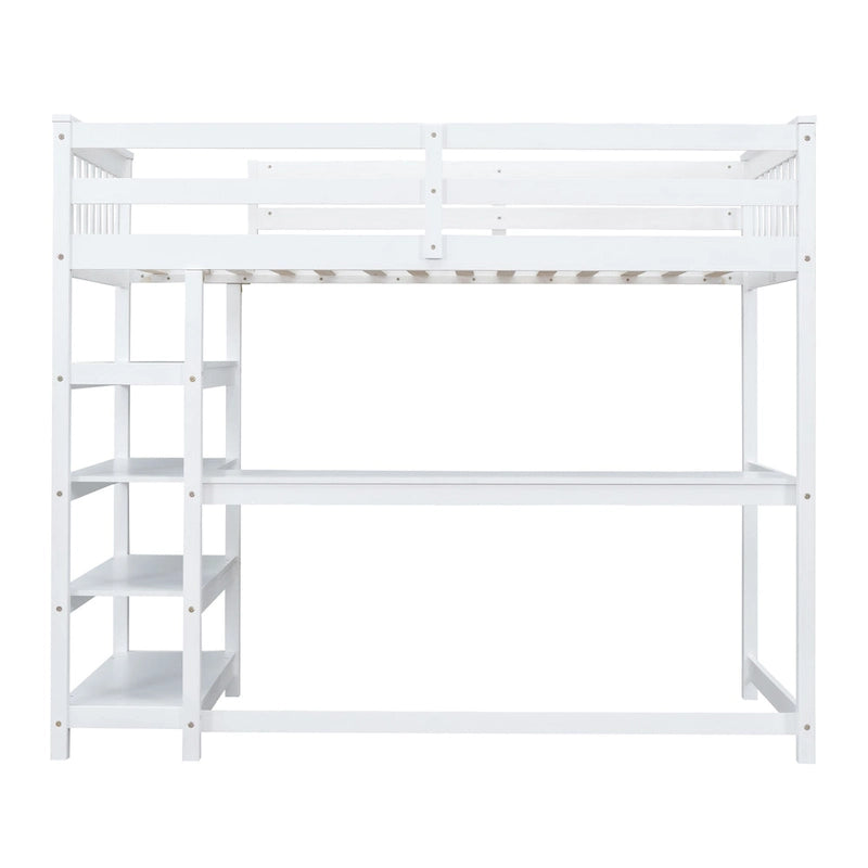 Cama alta individual de madera maciza con escritorio y estantes integrados | Acabado de madera natural