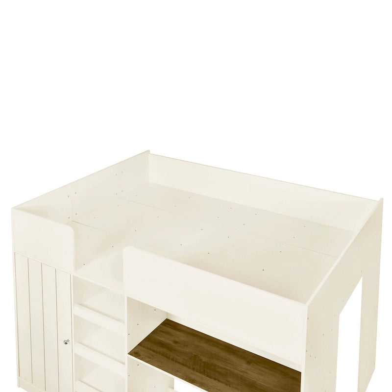 Cama alta de madera maciza con armario, escritorio, 3 cajones y estantería de almacenamiento | 150 kg