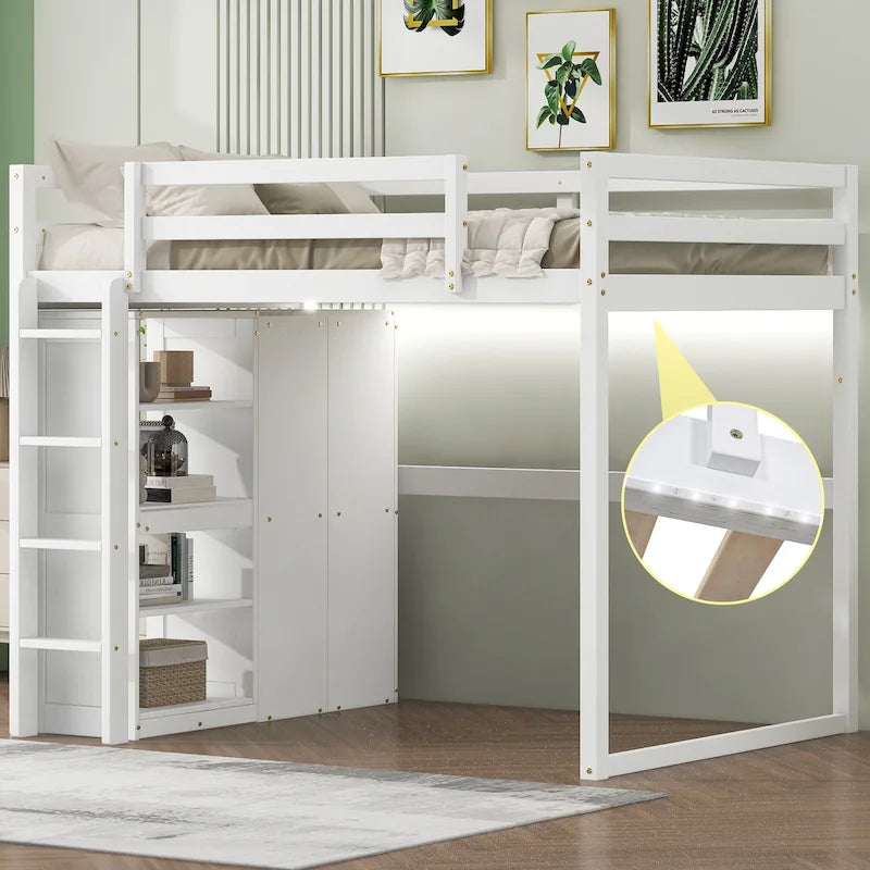 Cama alta de madera maciza con armario, estantes de almacenamiento de 4 niveles y luz LED | Pino y MDF