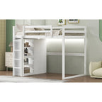 Cama alta de madera maciza con armario, estantes de almacenamiento de 4 niveles y luz LED | Pino y MDF
