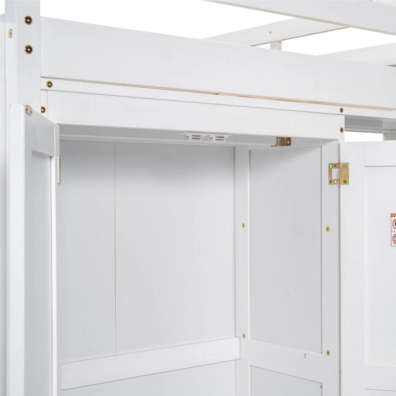 Cama alta de madera maciza con armario, estantes de almacenamiento de 4 niveles y luz LED | Pino y MDF