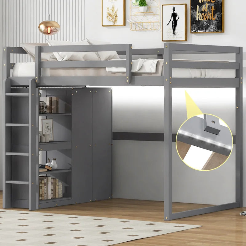 Cama alta de madera maciza con armario, estantes de almacenamiento de 4 niveles y luz LED | Pino y MDF