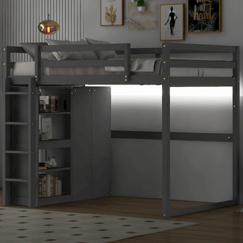 Cama alta de madera maciza con armario, estantes de almacenamiento de 4 niveles y luz LED | Pino y MDF