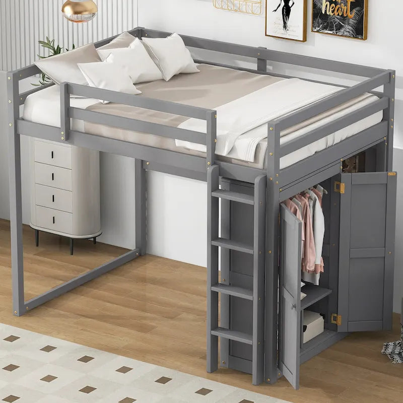 Cama alta de madera maciza con armario, estantes de almacenamiento de 4 niveles y luz LED | Pino y MDF