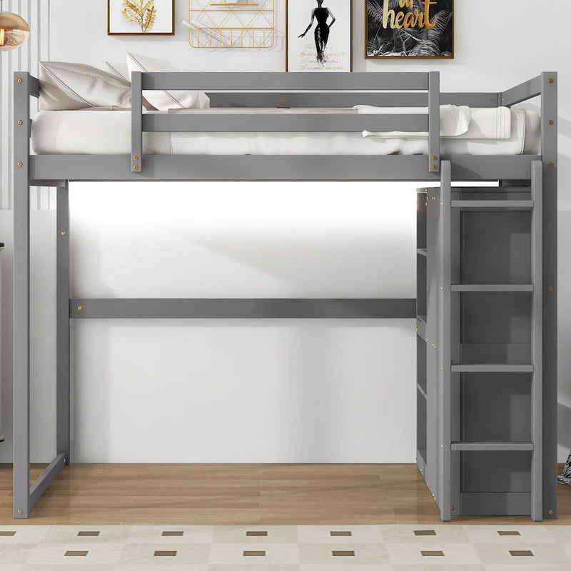 Cama alta de madera maciza con armario, estantes de almacenamiento de 4 niveles y luz LED | Pino y MDF