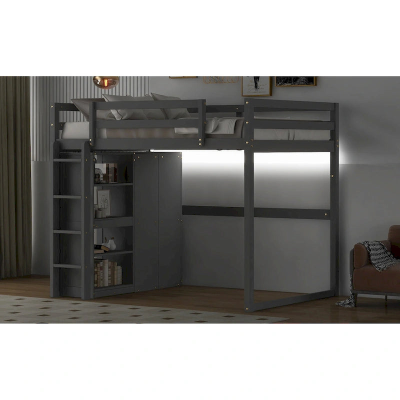 Cama alta de madera maciza con armario, estantes de almacenamiento de 4 niveles y luz LED | Pino y MDF