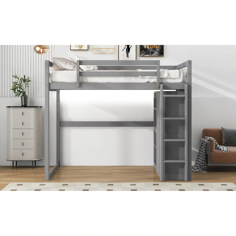 Cama alta de madera maciza con armario, estantes de almacenamiento de 4 niveles y luz LED | Pino y MDF