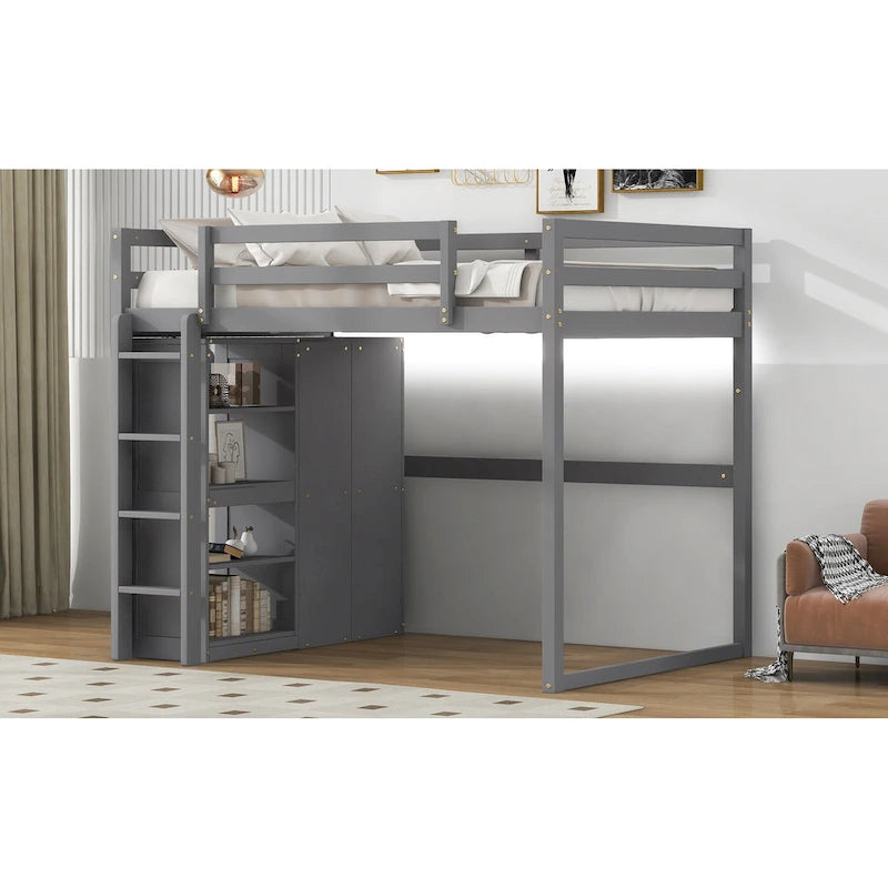 Cama alta de madera maciza con armario, estantes de almacenamiento de 4 niveles y luz LED | Pino y MDF