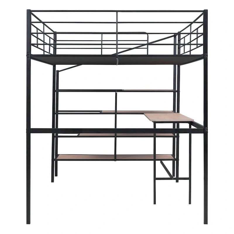Cama alta contemporánea de metal con escritorio, escalera y barandillas | Diseño que ahorra espacio