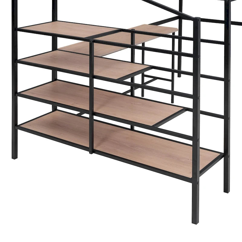 Cama alta contemporánea de metal con escritorio, escalera y barandillas | Diseño que ahorra espacio