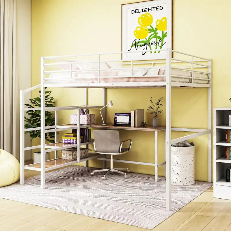 Cama alta contemporánea de metal con escritorio, escalera y barandillas | Diseño que ahorra espacio