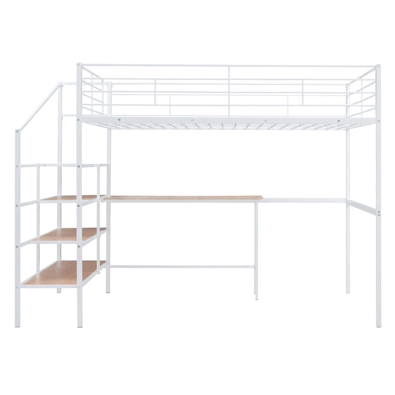 Cama alta contemporánea de metal con escritorio, escalera y barandillas | Diseño que ahorra espacio