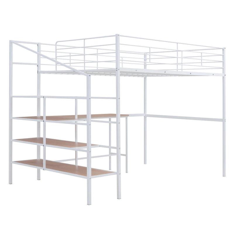 Cama alta contemporánea de metal con escritorio, escalera y barandillas | Diseño que ahorra espacio