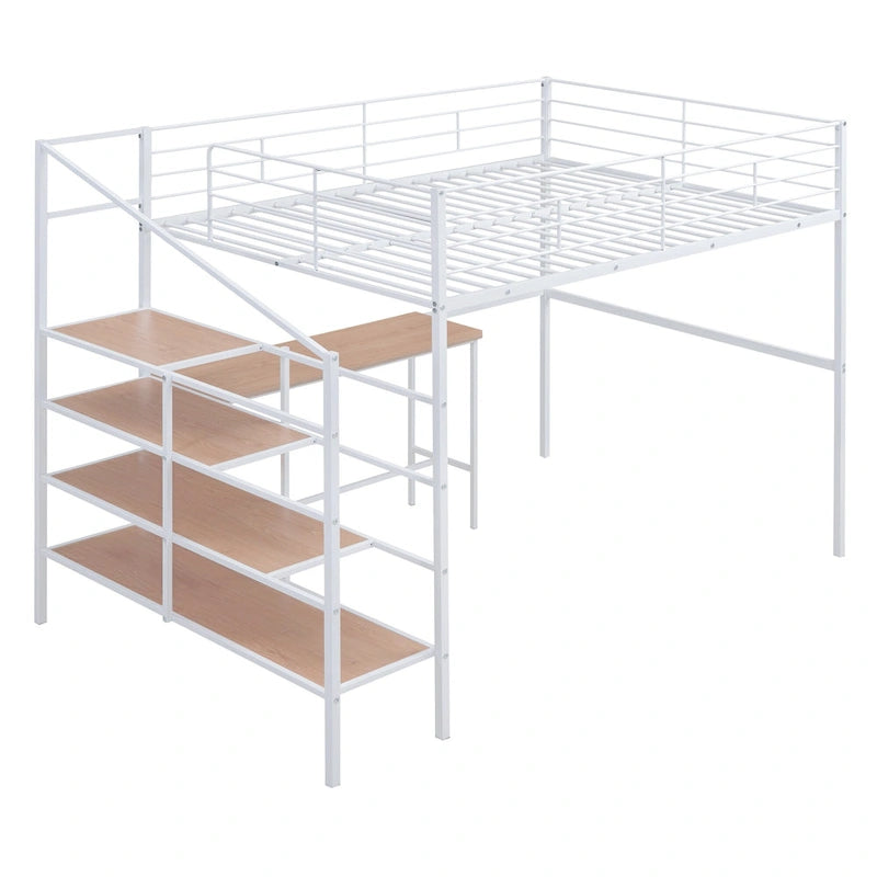 Cama alta contemporánea de metal con escritorio, escalera y barandillas | Diseño que ahorra espacio