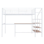 Cama alta contemporánea de metal con escritorio, escalera y barandillas | Diseño que ahorra espacio