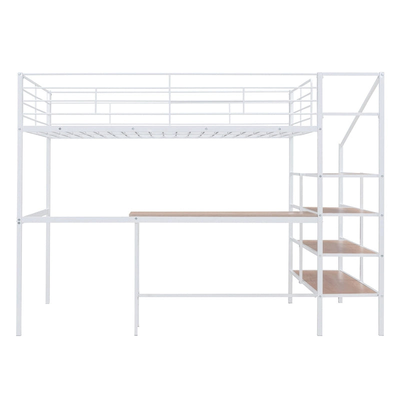 Cama alta contemporánea de metal con escritorio, escalera y barandillas | Diseño que ahorra espacio
