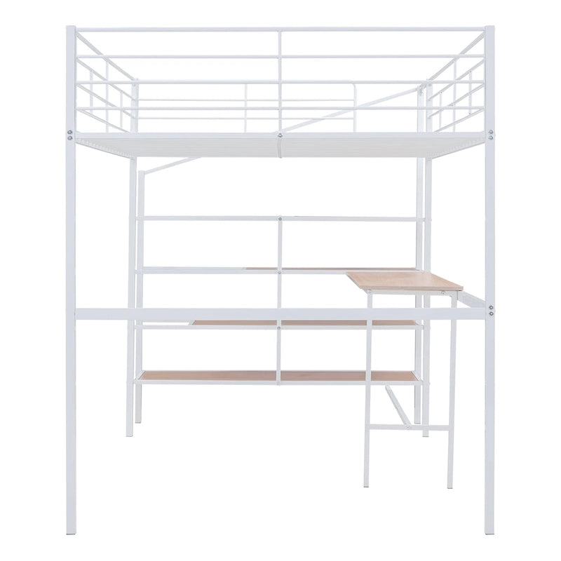 Cama alta contemporánea de metal con escritorio, escalera y barandillas | Diseño que ahorra espacio
